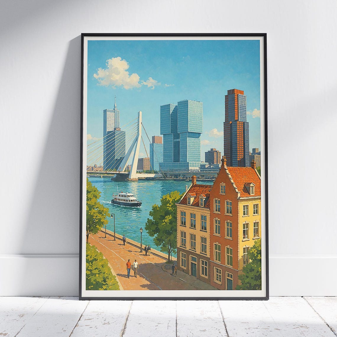 Rotterdam Netherlands Travel Poster Erasmus Bridge Skyline Art