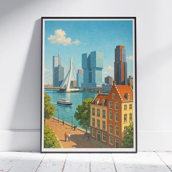 Rotterdam Travel Poster Erasmus Bridge Art Print Netherlands Cityscape Wall Decor Painted Home Personalized Vacation Gift