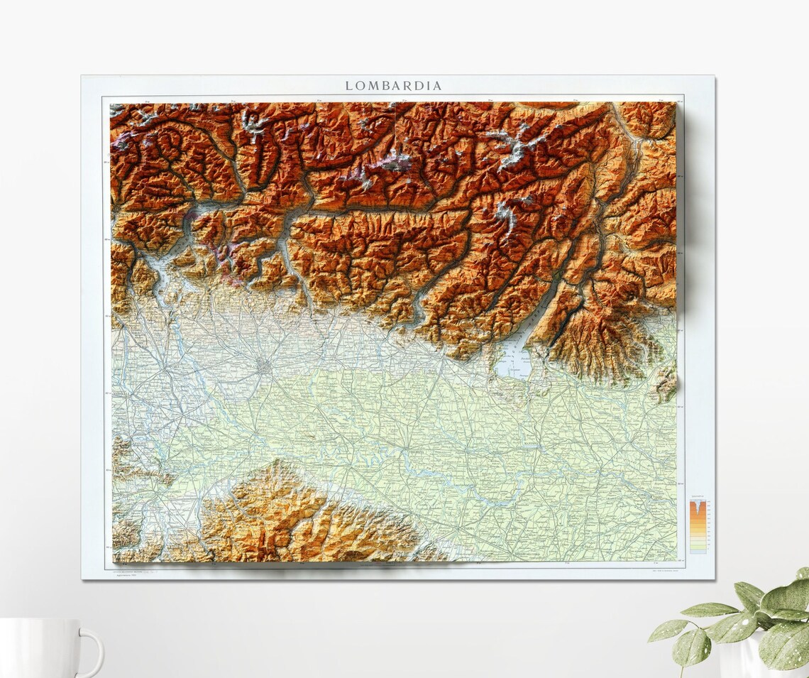 Lombardia Italy Vintage Atlas Shaded Relief Terrain Map Poster