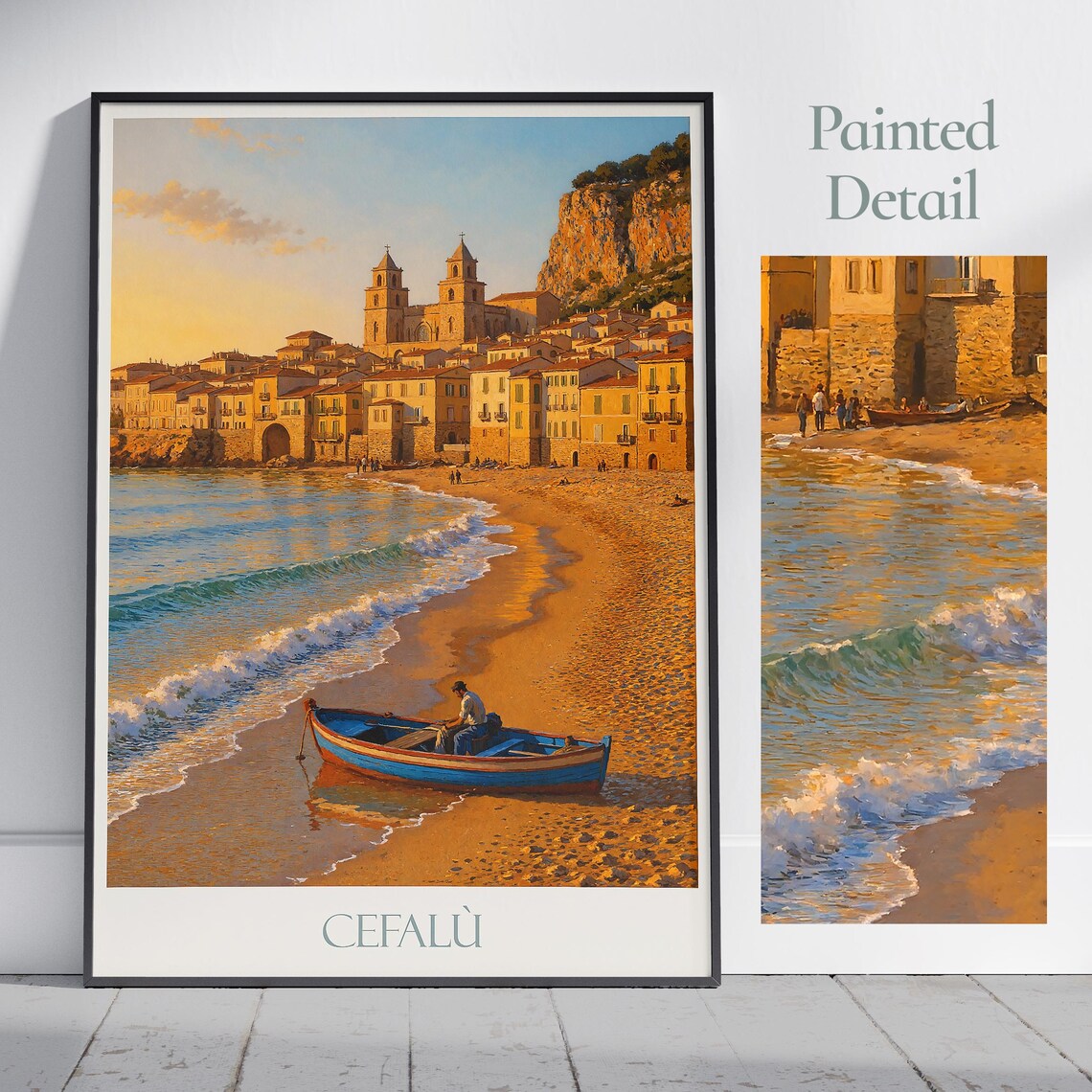 Cefalu Sicily Golden Sunset Beach Fishing Boat Travel Poster