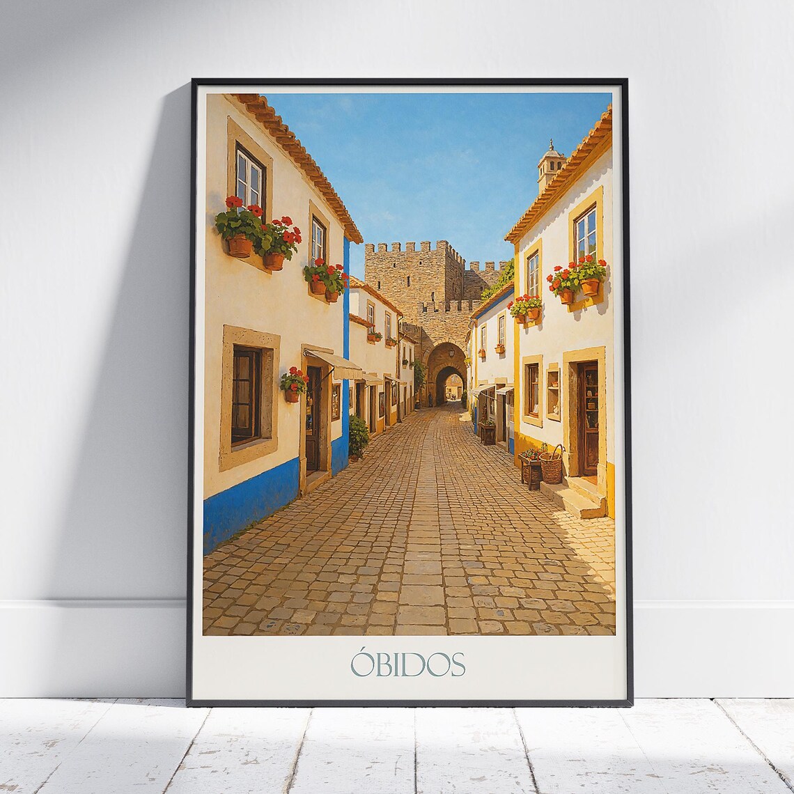 Óbidos Portugal Medieval Town Cobblestone Street Castle View Poster