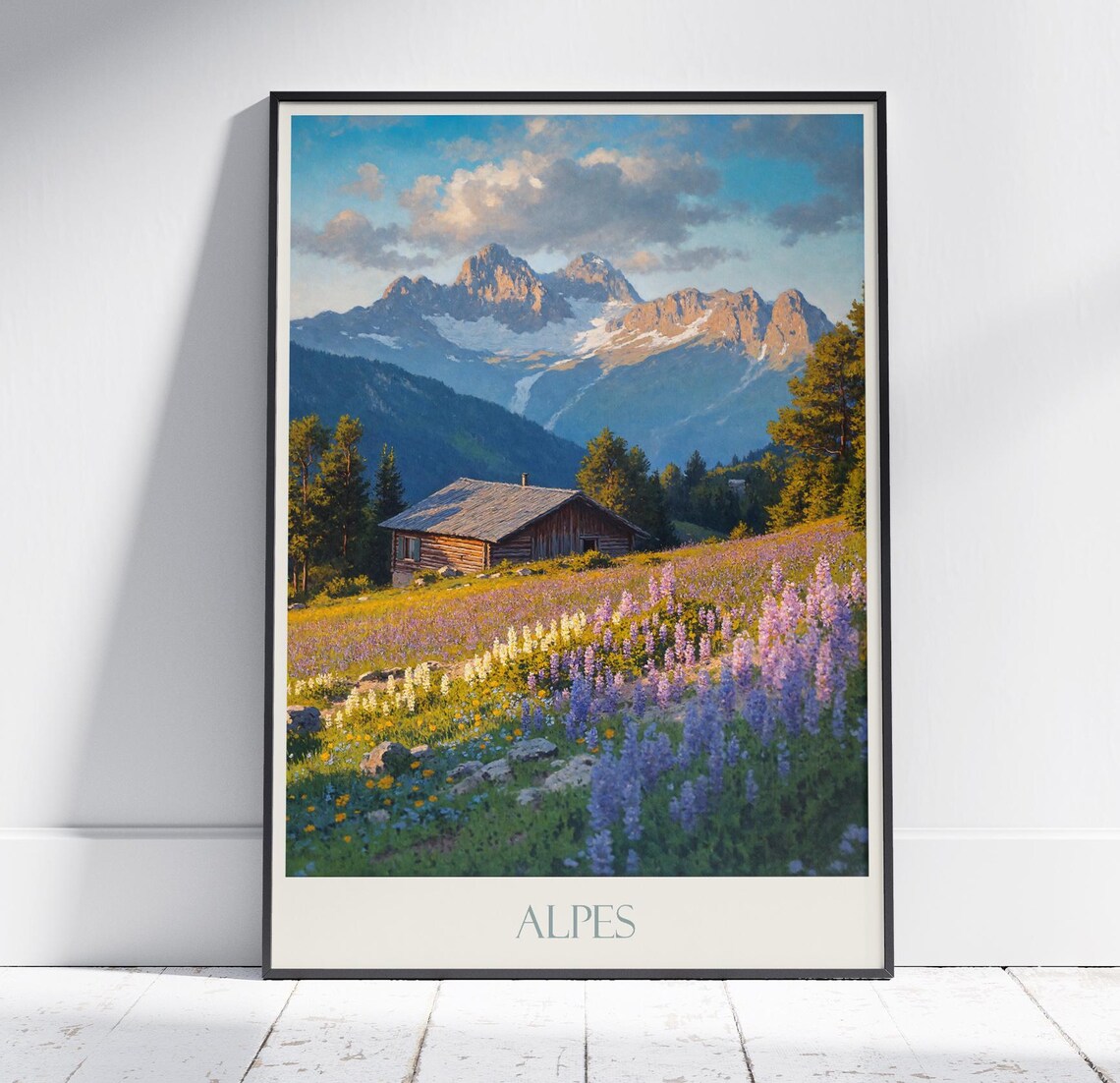 French Alps Chalet Wildflower Meadow Snowy Peaks Travel Poster
