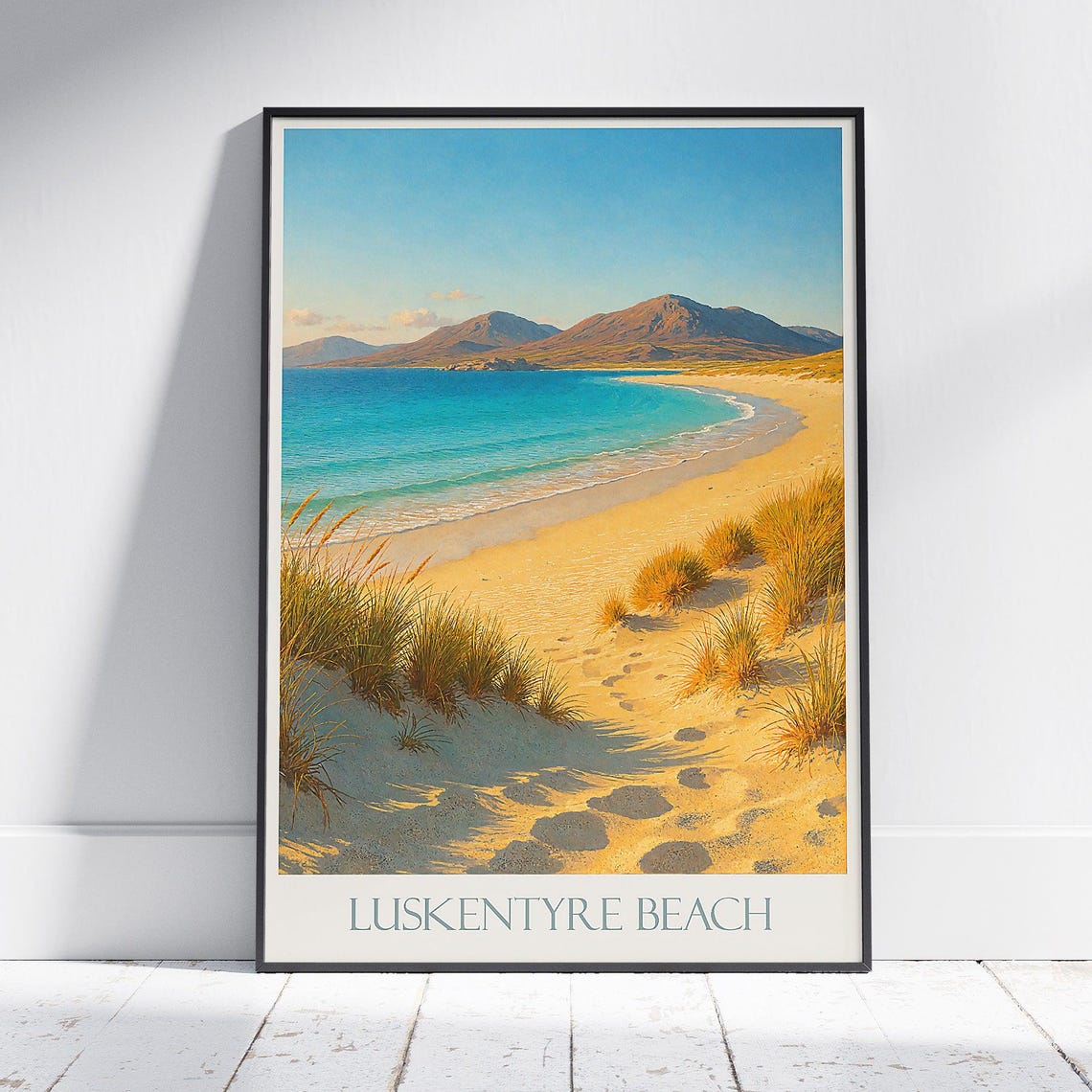 Luskentyre Beach Travel Poster Isle Of Harris Scotland Art Print Golden Sand Dunes Turquoise Sea Painting Coastal Wall Decor
