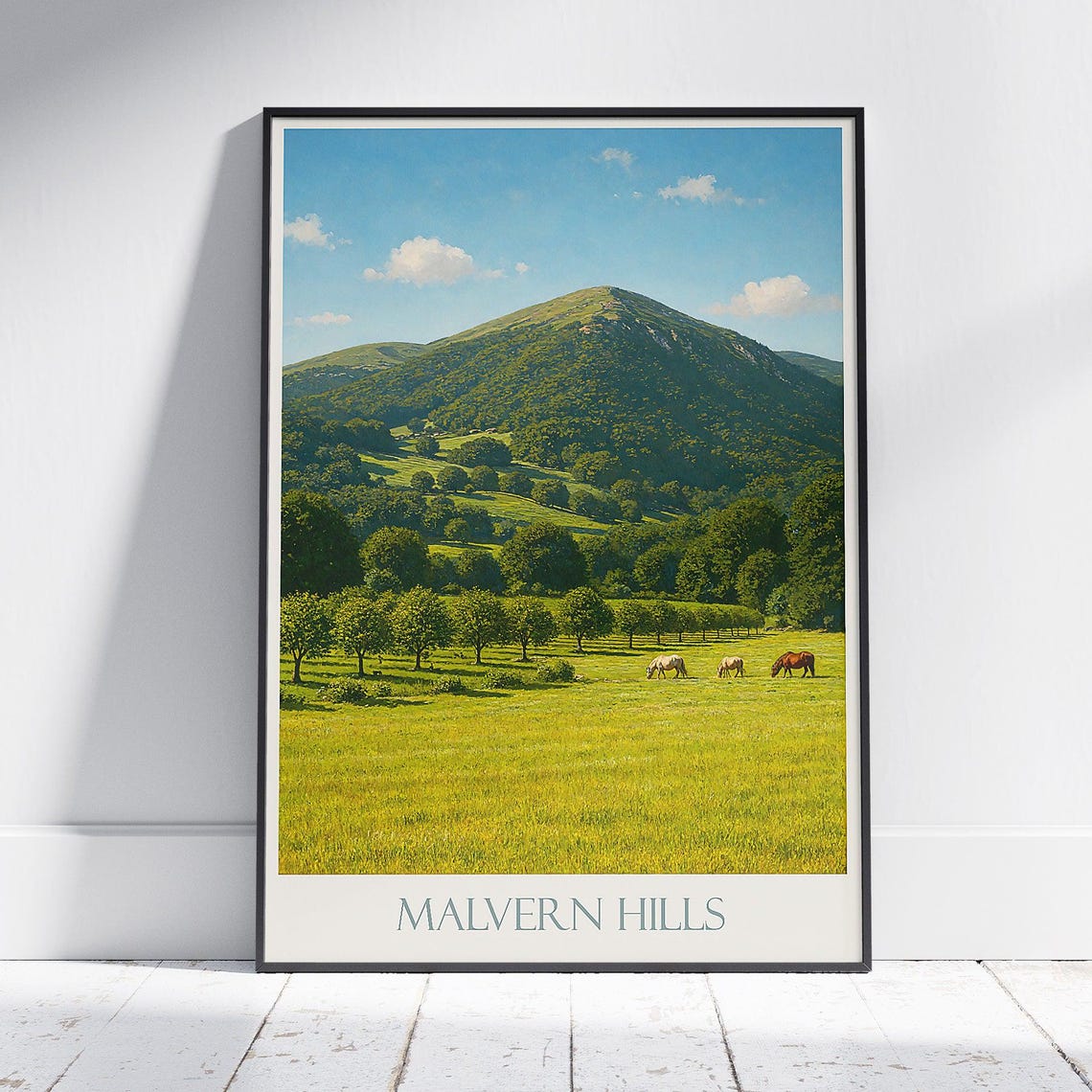 Malvern Hills Horses Grazing Green Countryside Travel Poster