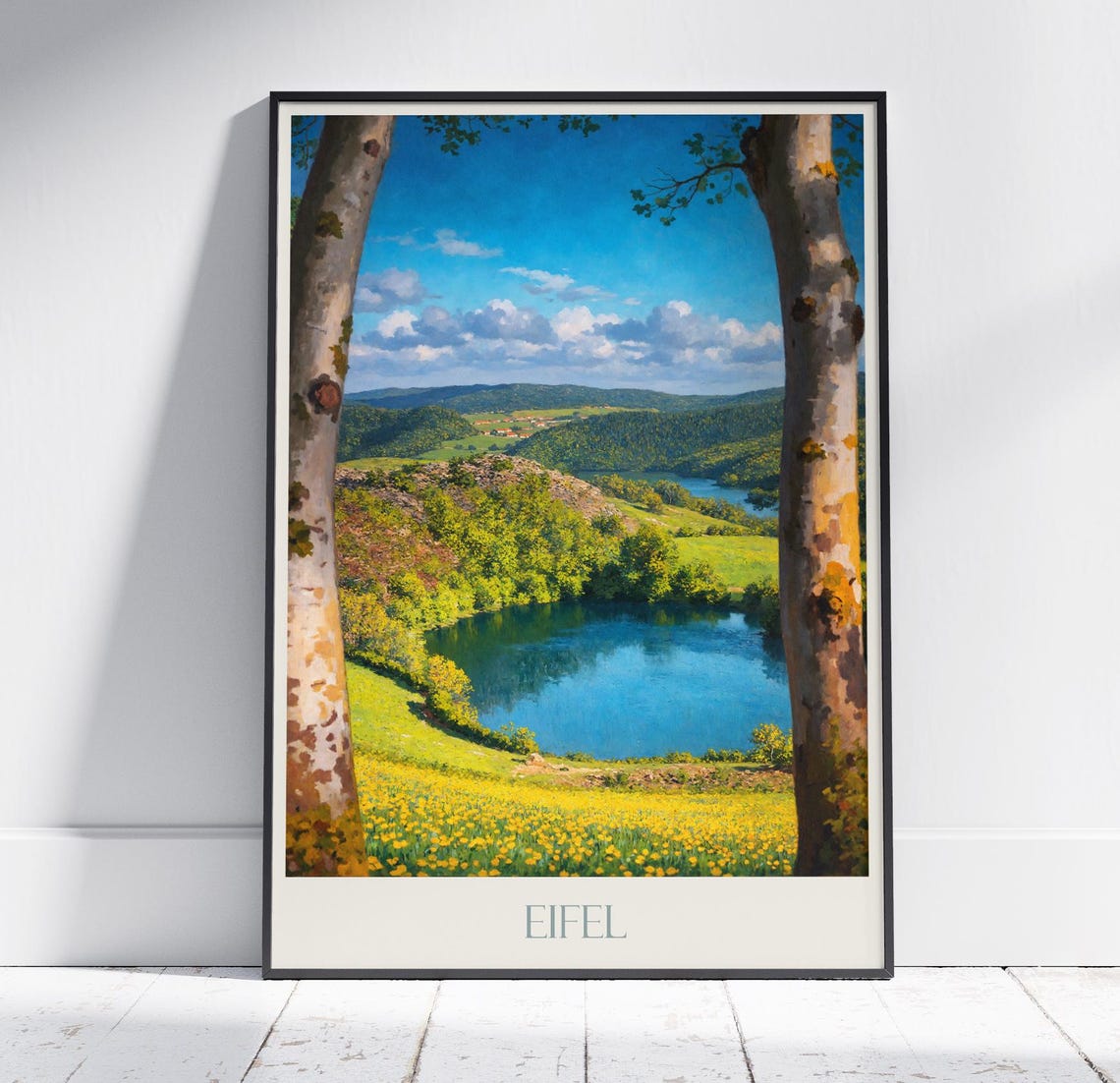 Eifel Germany Volcanic Lake Meadow Birch Trees Landscape Poster