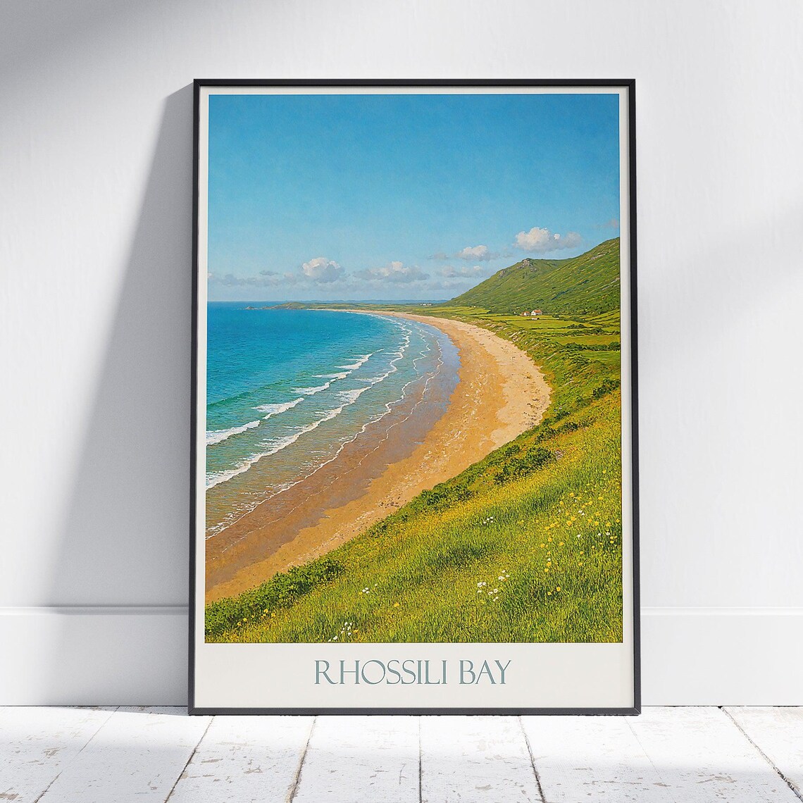 Rhossili Bay Wales Gower Golden Coastal Beach Surf Travel Poster