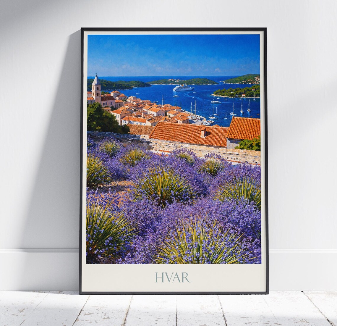 Hvar Croatia Lavender Fields Overlook Travel Poster Boats Harbor View