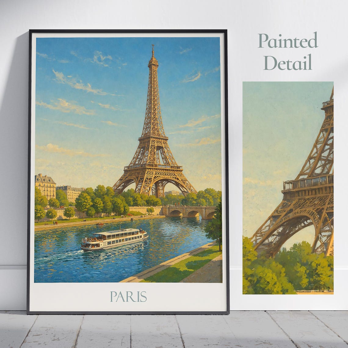 Paris Travel Poster Eiffel Tower River Seine Wall Art Print France Cityscape Home Decor Gift Personalized Framed
