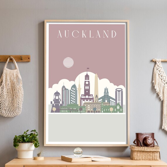 Auckland New Zealand Illustrated City Skyline Sunset Travel Poster