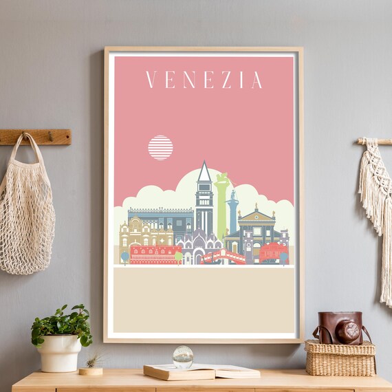 Venice Italy Pastel Mid Century Cityscape Skyline Illustration Decor Poster