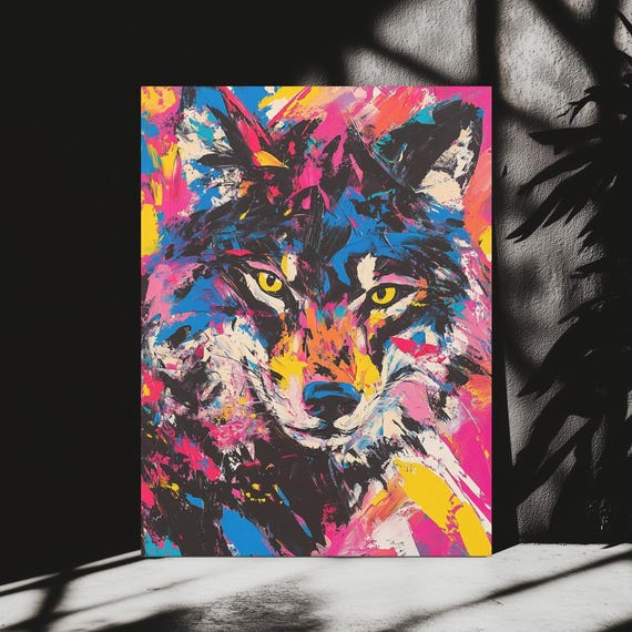 Colorful Wolf Wall Art Vibrant Abstract Canvas Print Bold Animal Painting For Living Room Modern Jungle Decor Gift Him Her