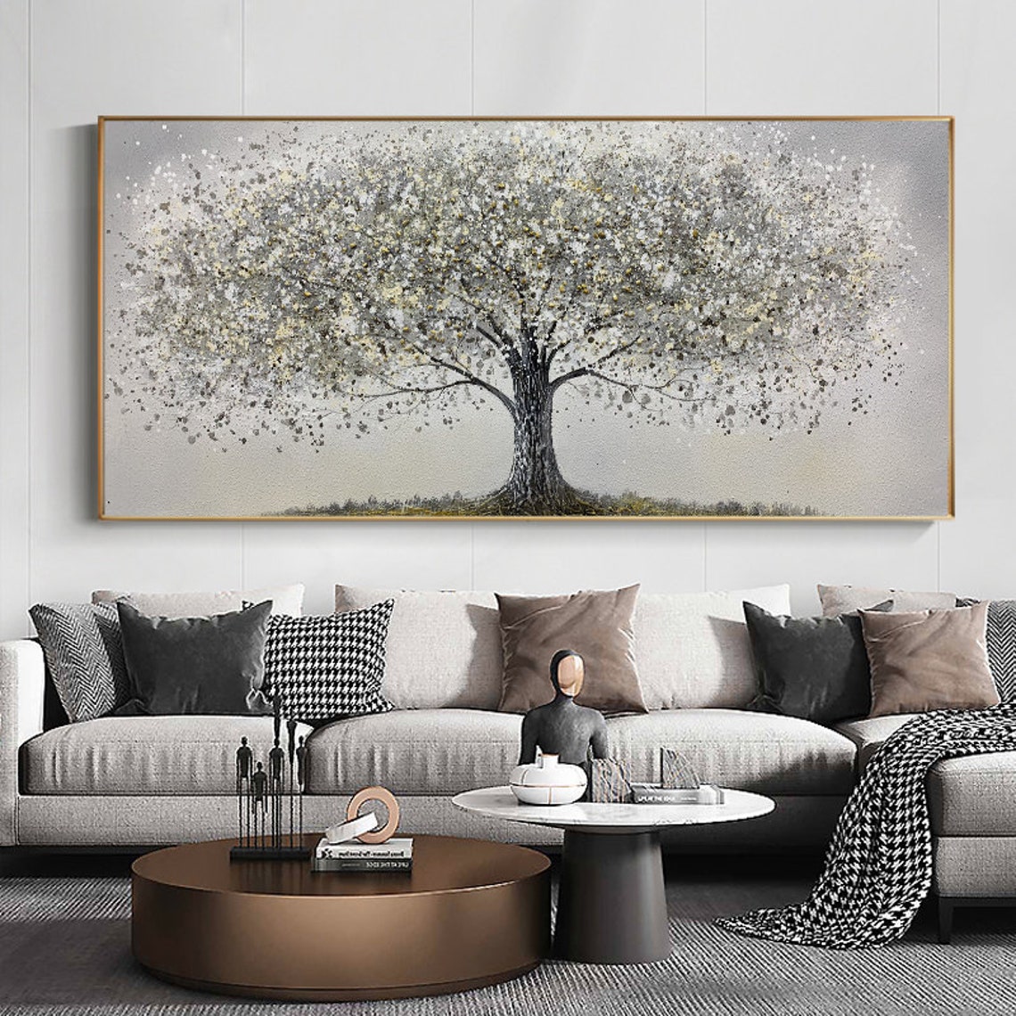 Grey Tree of Life Silver Grey Elegant Panoramic Canvas Decor Poster