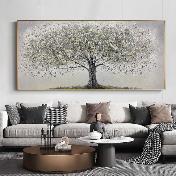 Hand Painted Big Tree Of Life Wall Art Gravel Texture Painting Grey Abstract Art Landscape Painting On Wall Decor Living Room Art