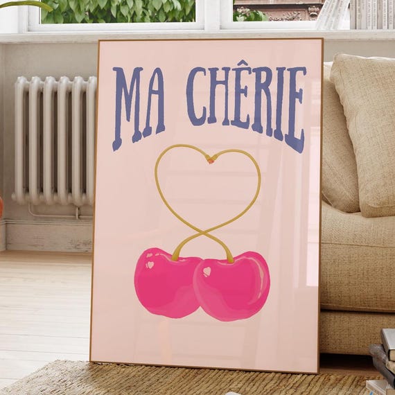 Pink Cherry Poster Love Ma Cherie Print Retro Wall Art 70s Funky Decor Trendy