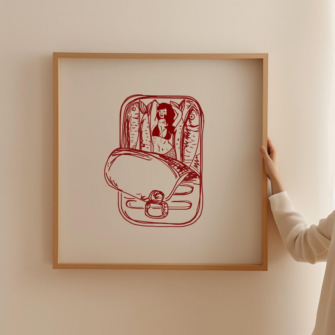 Mermaid Sardine Tin Red Line Drawing Kitchen Quirky Art Poster