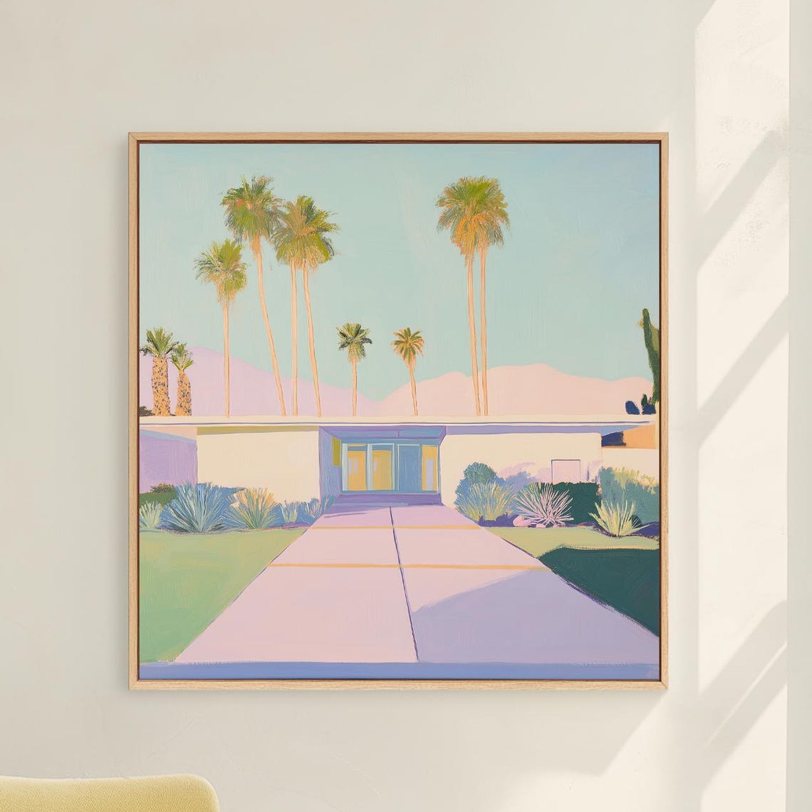 Midcentury Desert House Palm Trees Pink Driveway Pastel Wall Art