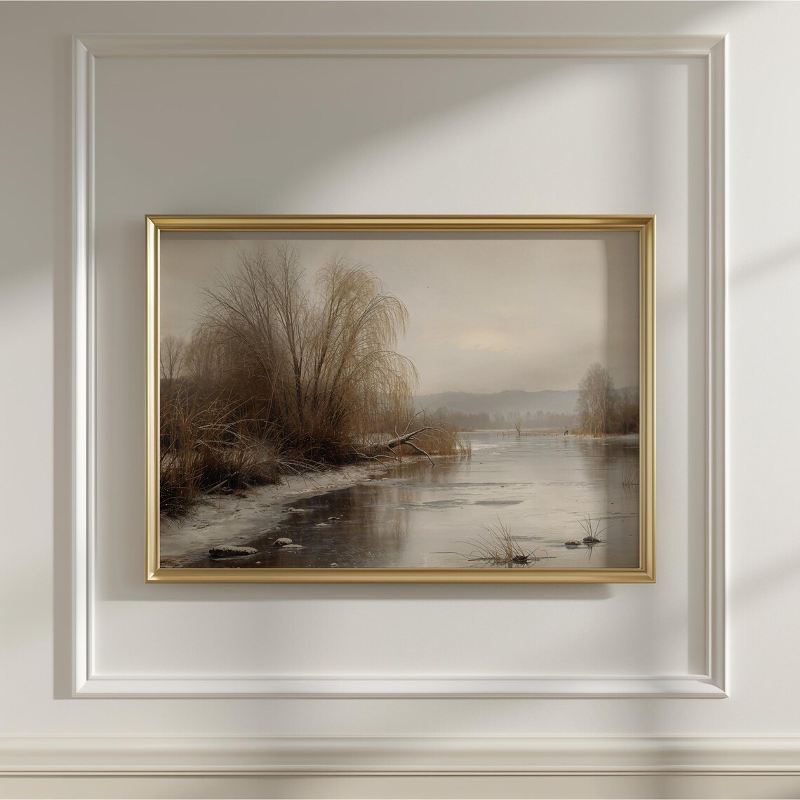 Icy Winter Lake Bare Willow Trees Muted Vintage Landscape Painting Art Poster