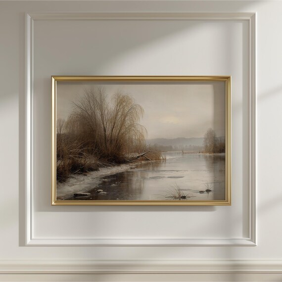 Icy Winter Lake Bare Willow Trees Muted Vintage Landscape Painting Art Poster