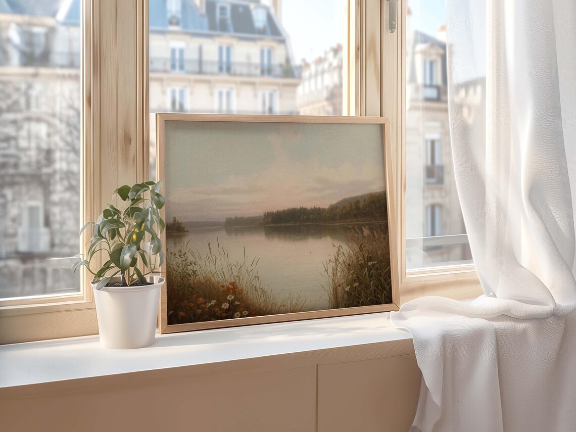 Serene Lake Dusk Wildflowers Romantic Soft Landscape Painting Poster