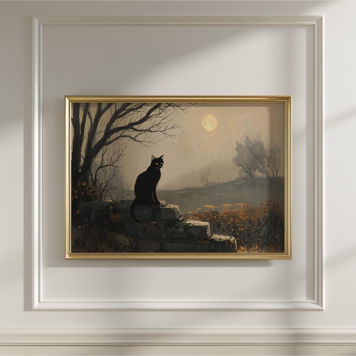 Black Cat Halloween Print Gothic Moonlight Art