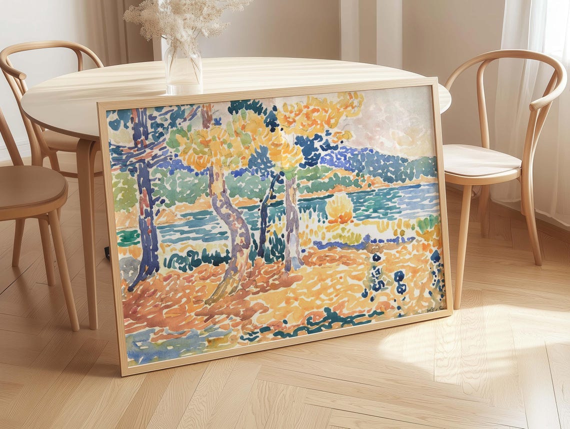 Pointillist Autumn Trees By The Sea Post Impressionist Art Poster