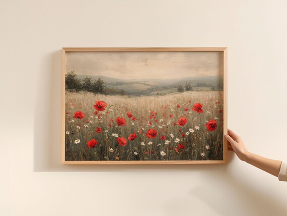 Red Poppies Blooming Field in Soft Countryside Oil Painting Poster