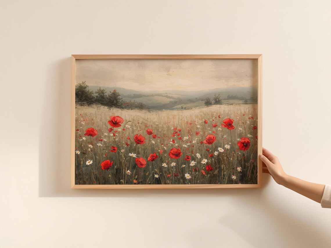 Red Poppies Blooming Field in Soft Countryside Oil Painting Poster