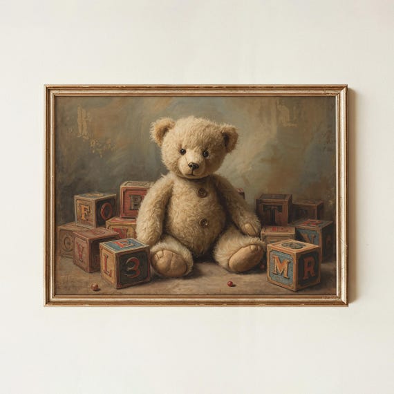 Vintage Teddy Bear Print Nursery Wall Art