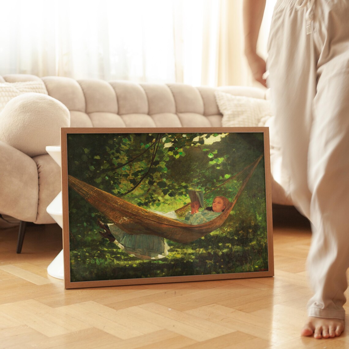 Girl Reading In Hammock Sunlit Woodland Vintage Oil Painting Wall Art