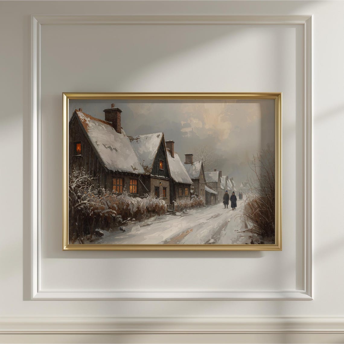 Snowy Village Christmas Eve Warm Windows Vintage Winter Art Print