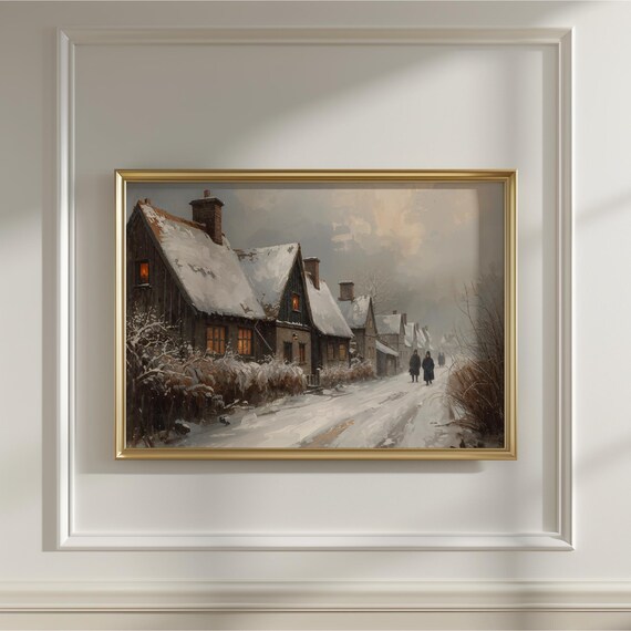 Snowy Village Christmas Eve Warm Windows Vintage Winter Art Print