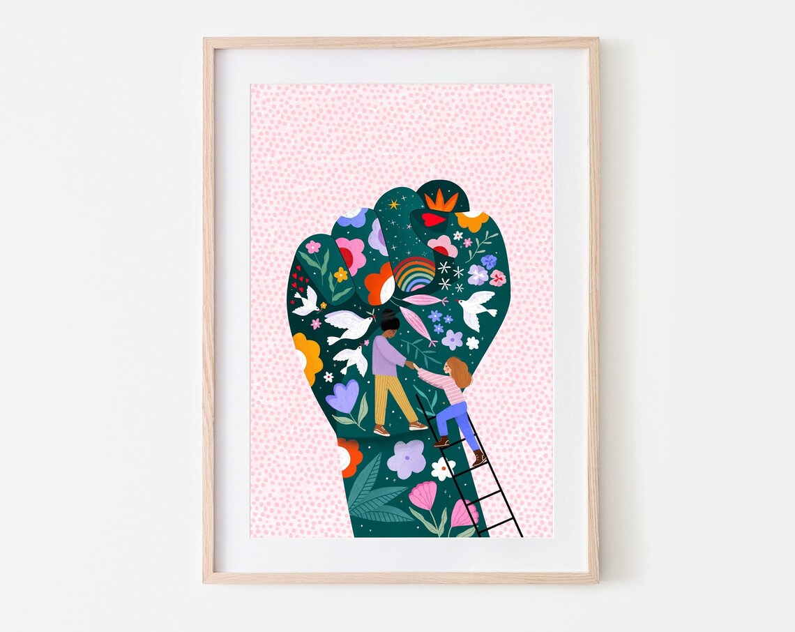 Solidarity Raised Fist With Flowers And Doves Colourful Poster