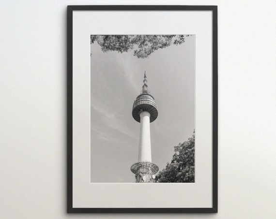 Seoul Tower South Korea Instant Black White Photography Wall Art Travel Poster Korean Art Print Skyscraper