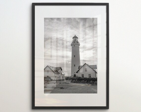 Tall Coastal Lighthouse Between Two Keeper Houses Black White Nautical Poster