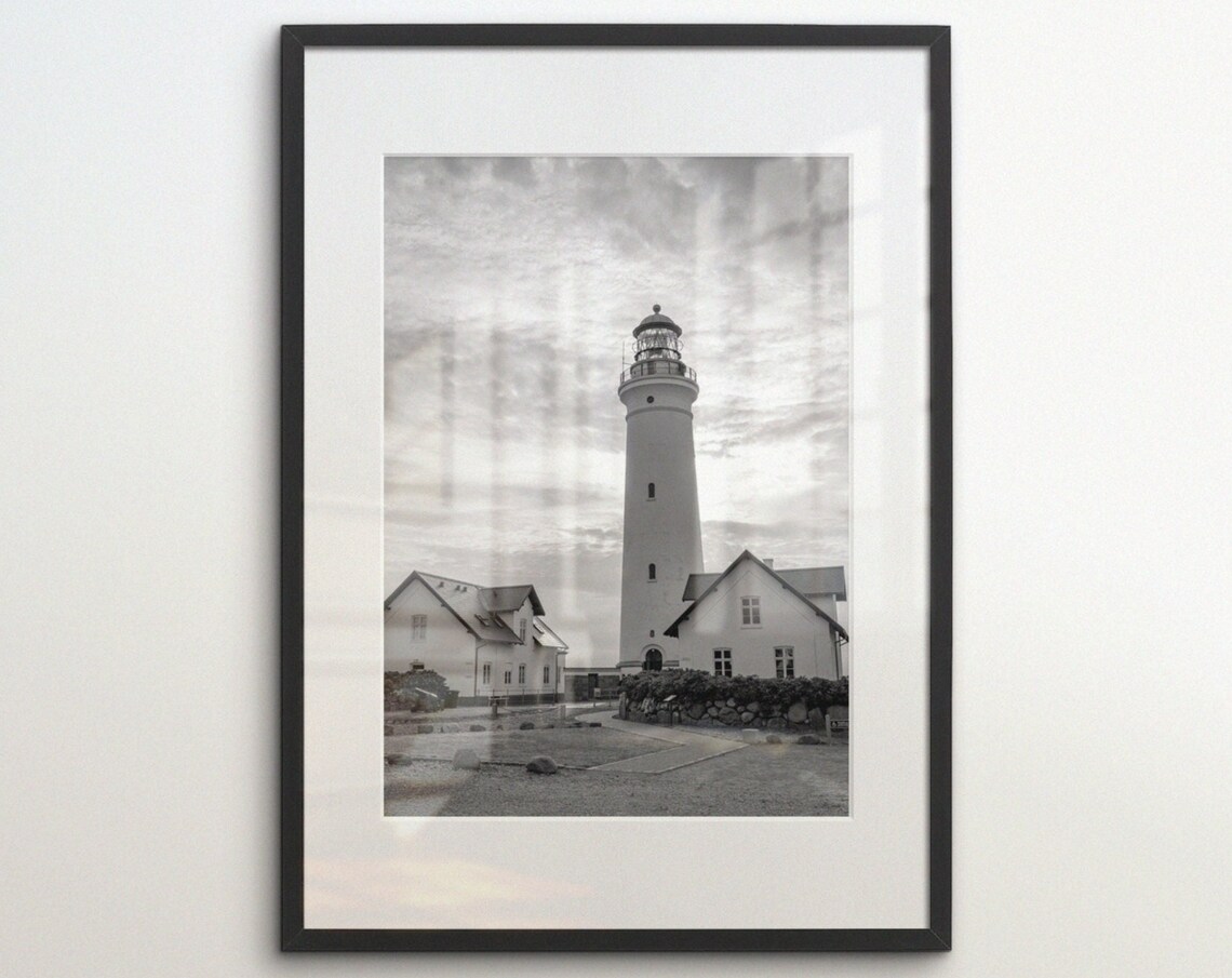 Tall Coastal Lighthouse Between Two Keeper Houses Black White Nautical Poster