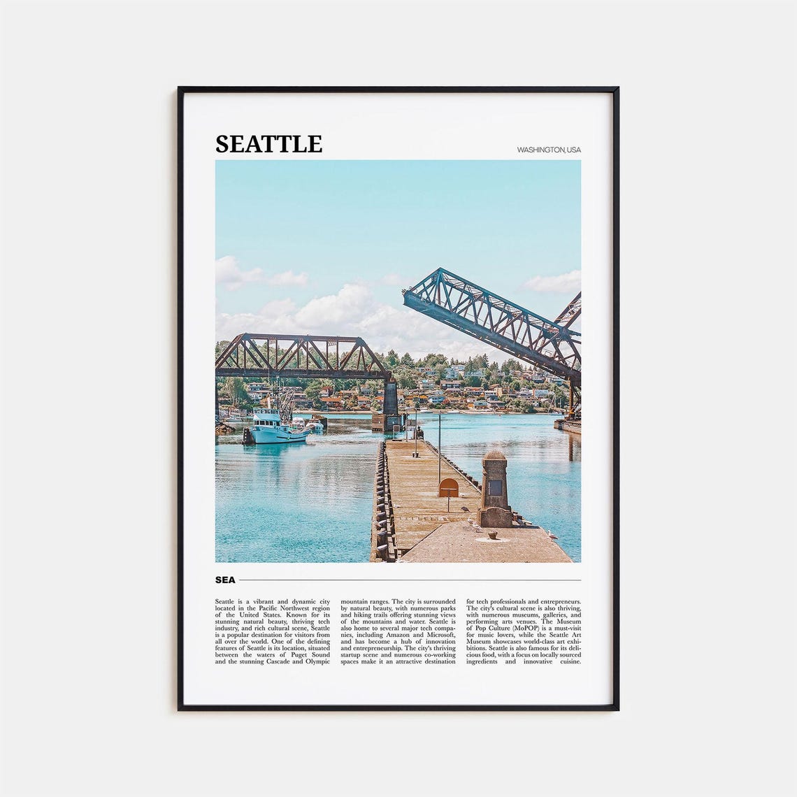 Seattle Washington Drawbridge Harbor Waterfront Travel Poster Series