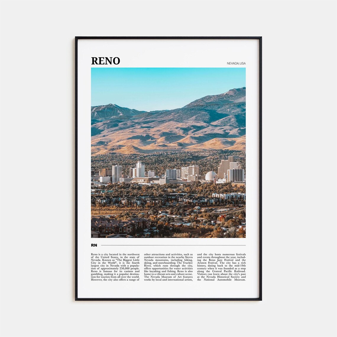 Reno Nevada Travel Poster City Skyline Sierra Mountain Backdrop View