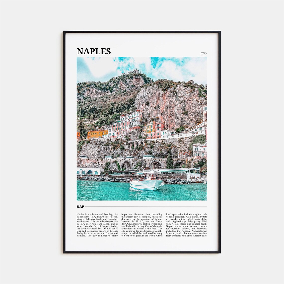 Naples Italy Cliffside Coastal Village Boat Photo Travel Poster