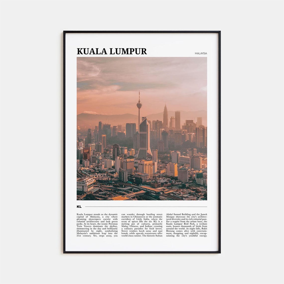Kuala Lumpur Malaysia Travel Poster KL Tower Skyline Sunset View