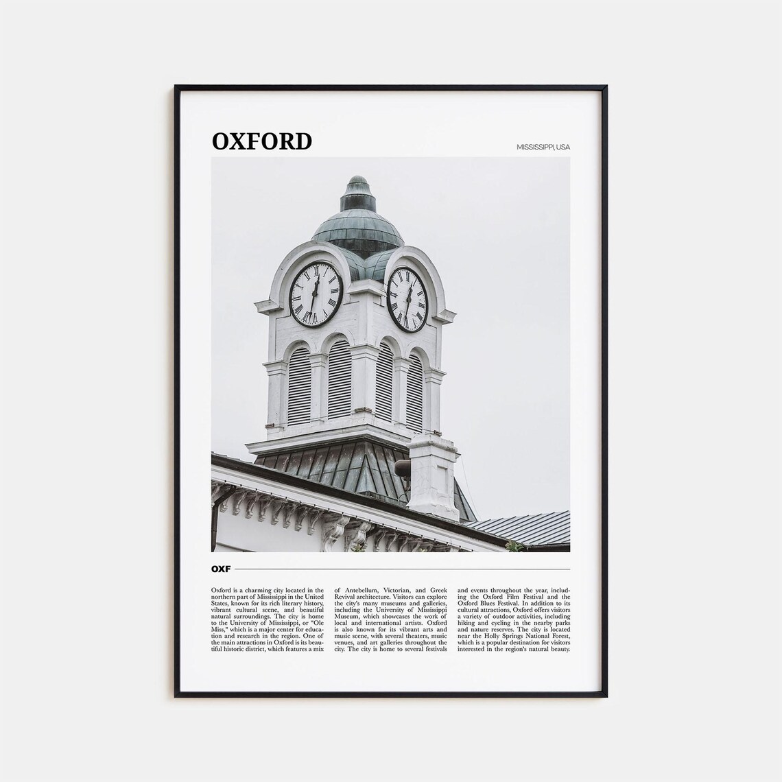 Oxford Mississippi USA Historic Clock Tower Black and White Poster