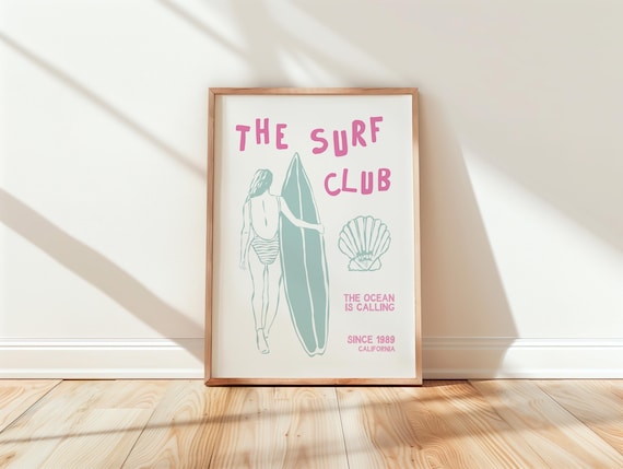The Surf Club Mint Pink Surfer Seashell Coastal Retro Wall Art