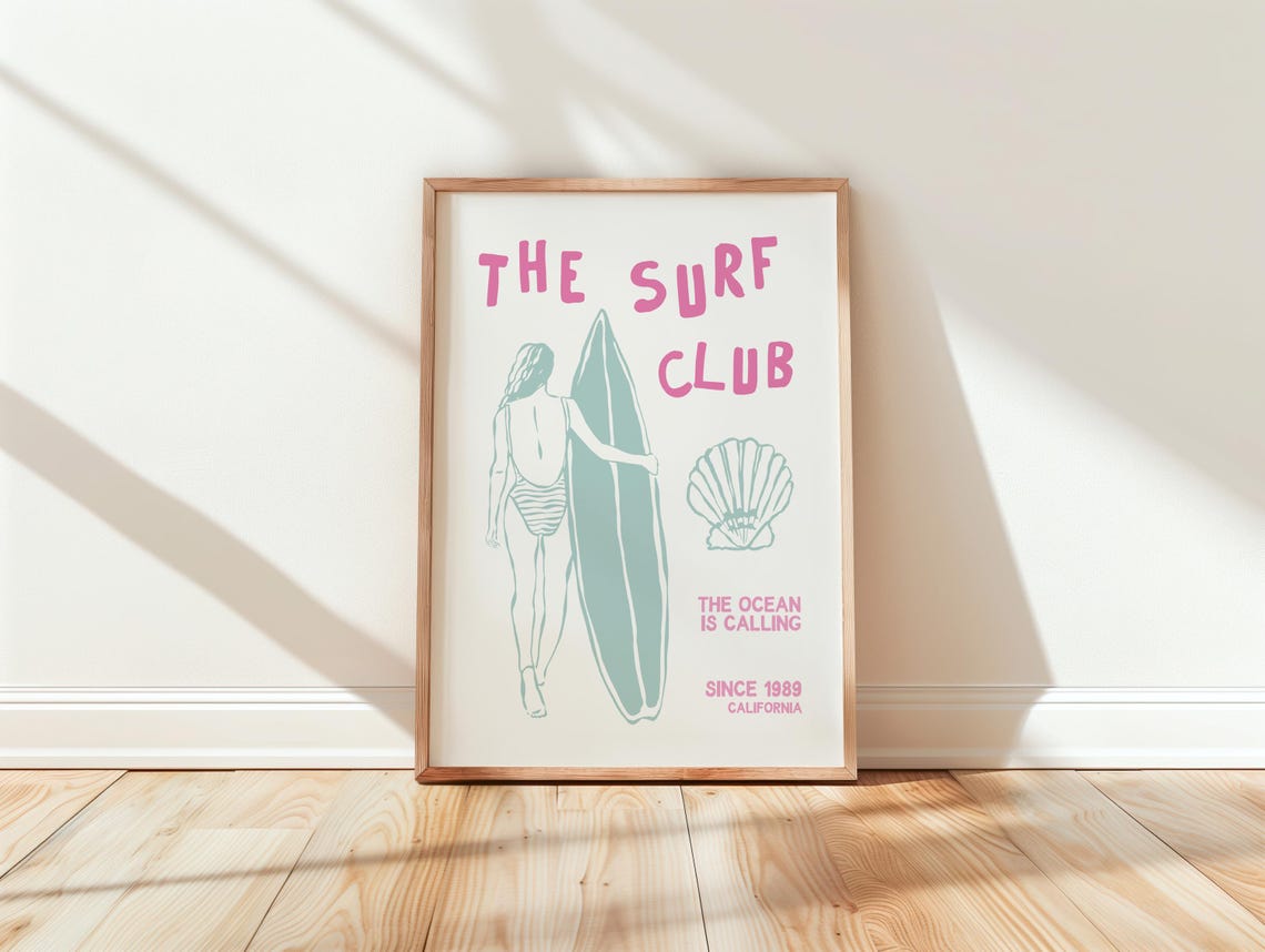 The Surf Club Mint Pink Surfer Seashell Coastal Retro Wall Art