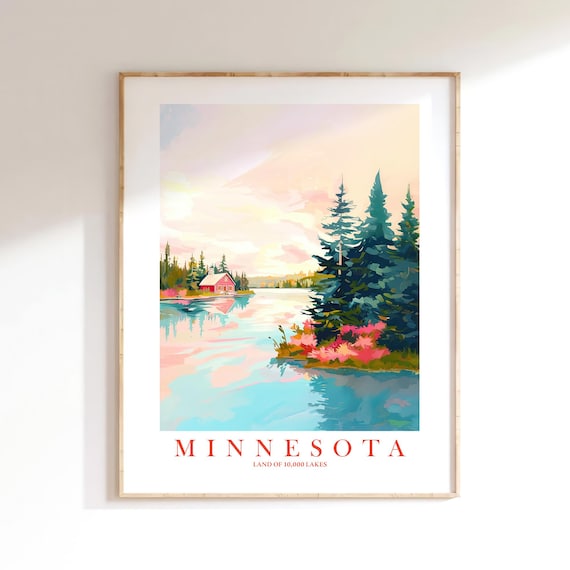 Minnesota Land Of 10000 Lakes Pastel Watercolor Travel Art Poster