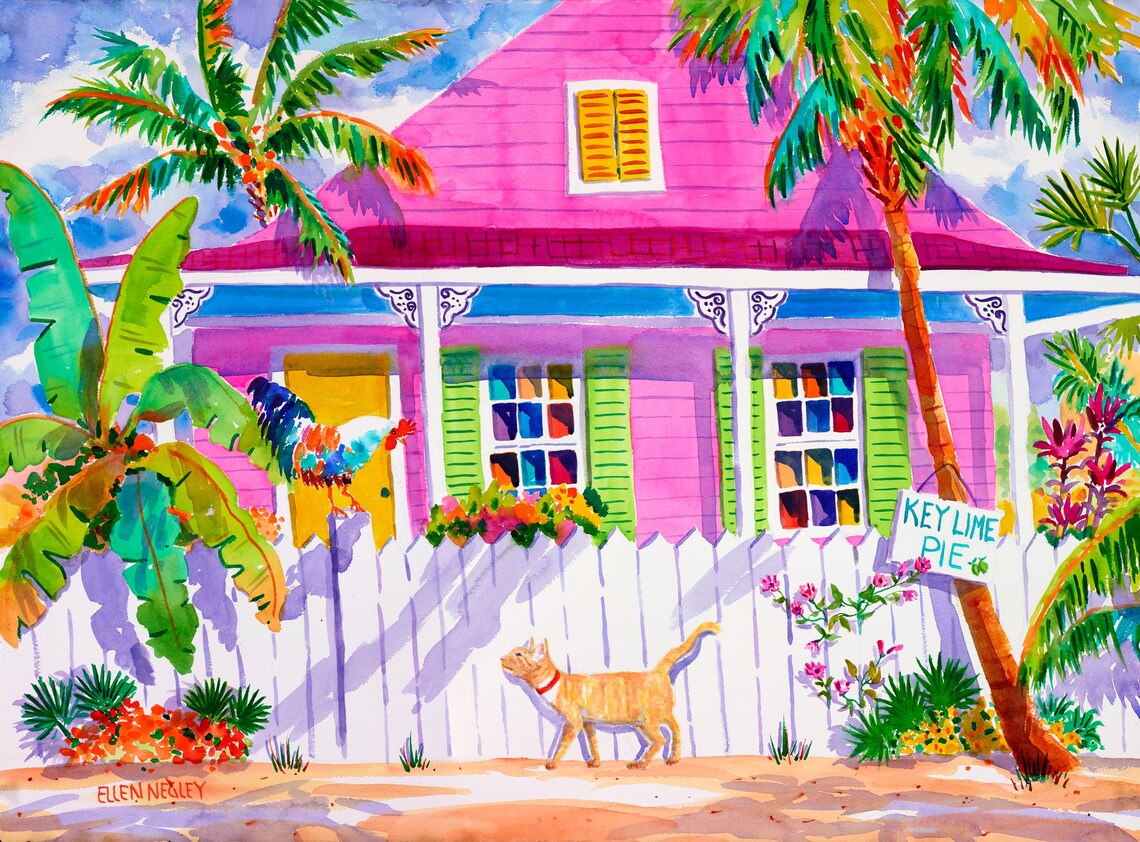 Key West Tabby Cat & Rooster Watercolor Art Print - Image 3