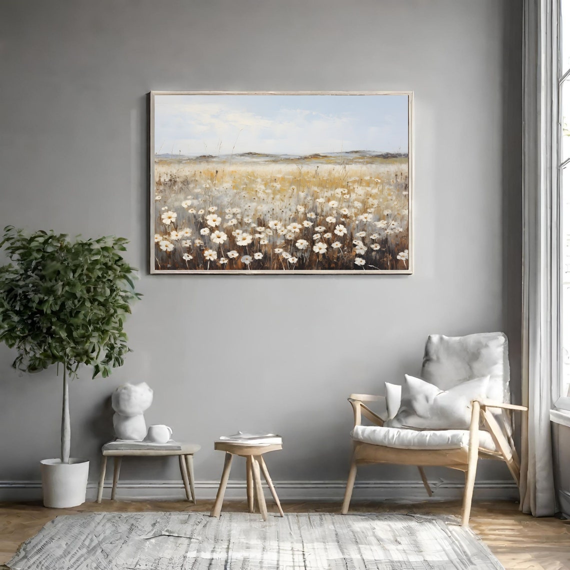 White Daisy Field Under a Soft Sky Rustic Wildflower Painting Poster - Image 3