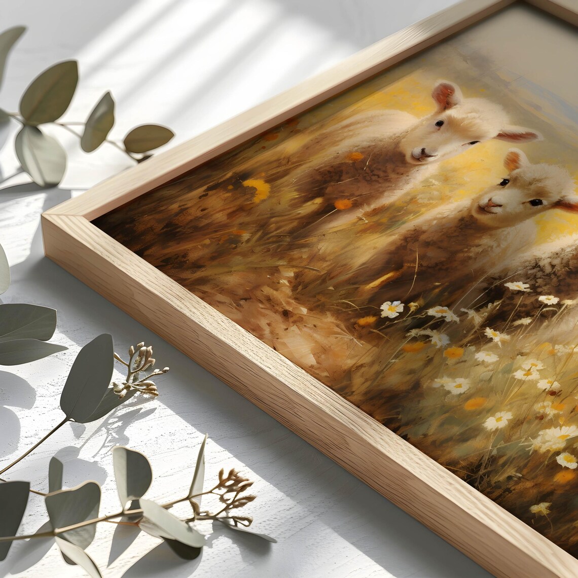 Four Lambs in Golden Wildflower Meadow Vintage Spring Poster - Image 2