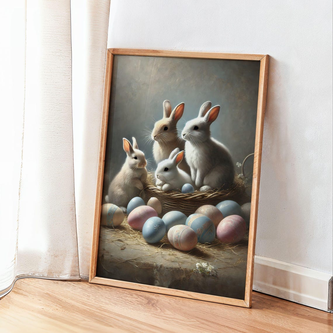 Bunnies With Basket of Pastel Easter Eggs Vintage Spring Poster - Image 3