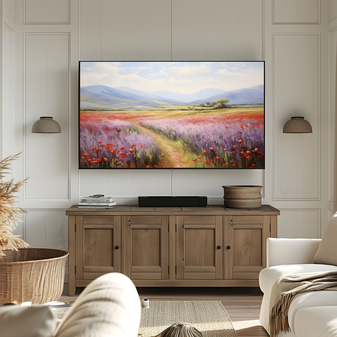 Frame Tv Art Of Antique Spring Wildflower Field Oil Painting Vintage Landscape Country Field Art Farmhouse Decor - Image 3