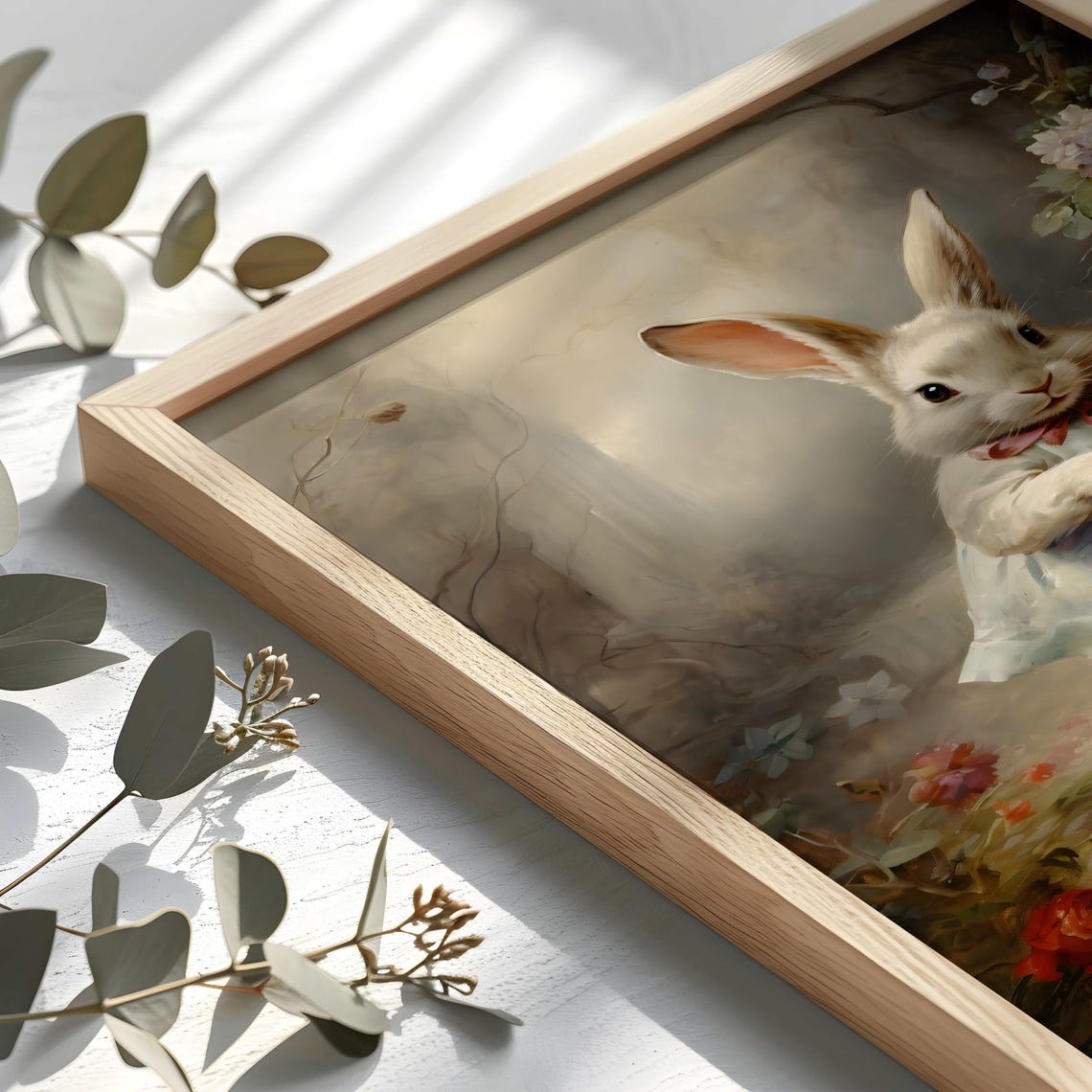 White Bunny in Blue Dress Carrying Flower Basket Vintage Poster - Image 2