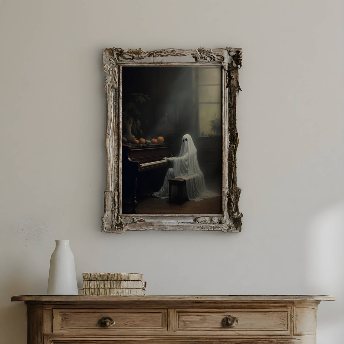 Ghost Playing Piano Dark Parlor Pumpkins Halloween Music Poster - Image 3